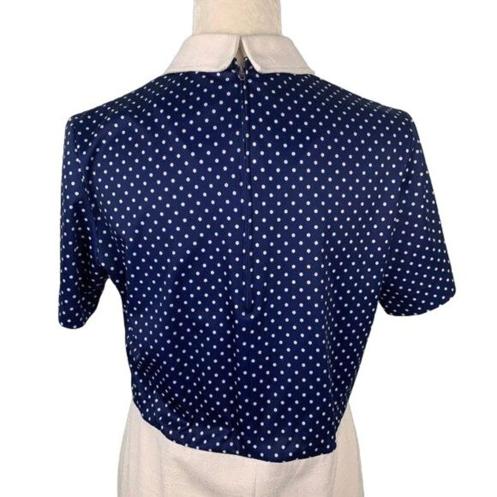 Vintage Polka Dot Linen Blend Dress M Blue White Zip V Neck Collar Rockabilly - Picture 6 of 7